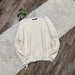 Lauren Ralph Lauren Size L/XL Oversized Cream Fringe Boxy Pullover Sweater